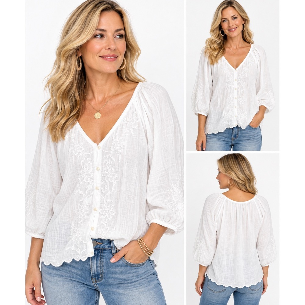 Gap Blouse Women XL Tall White Embroidered Cotton Gauze Boho Peasant Top